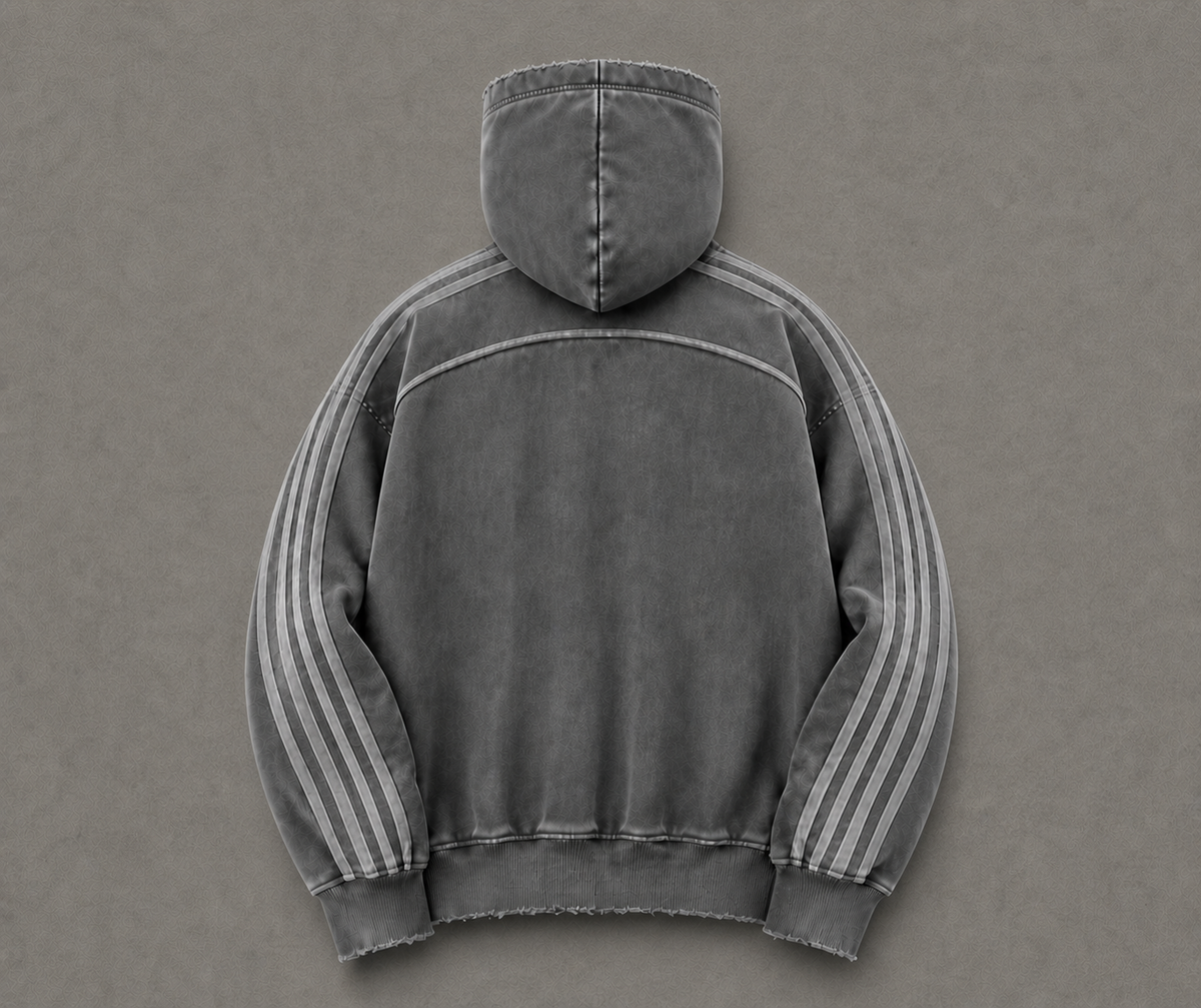 Back view of the Berklyn Untitled Zip-Up in the Gray Matter acid-wash colorway