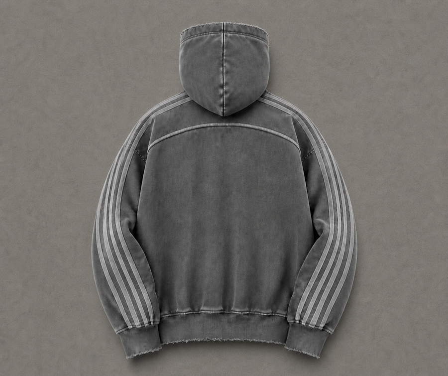 Back view of the Berklyn Untitled Zip-Up in the Gray Matter acid-wash colorway