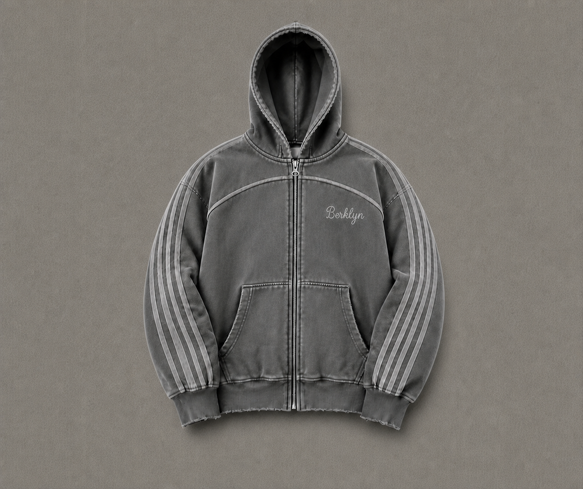Front view of the Berklyn Untitled Zip-Up in the Gray Matter acid-wash colorway